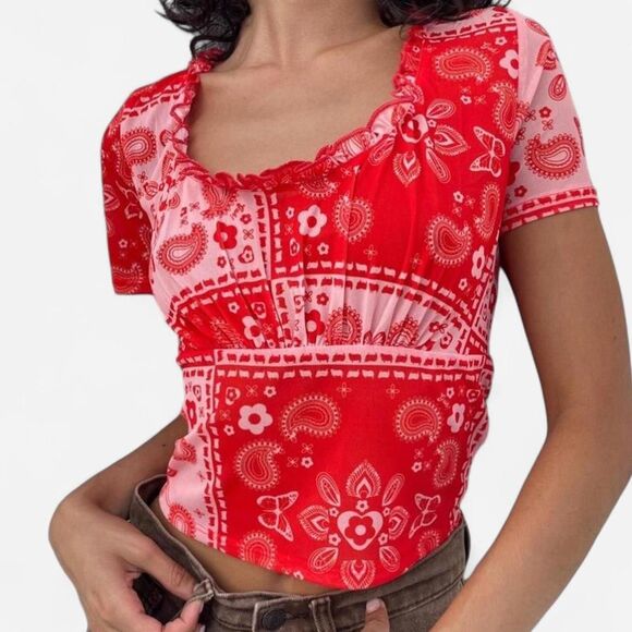 Lisa Says Gah Lana Red Bandana Print Baby Doll Top – Cottagecore / Indie small - Picture 2 of 6